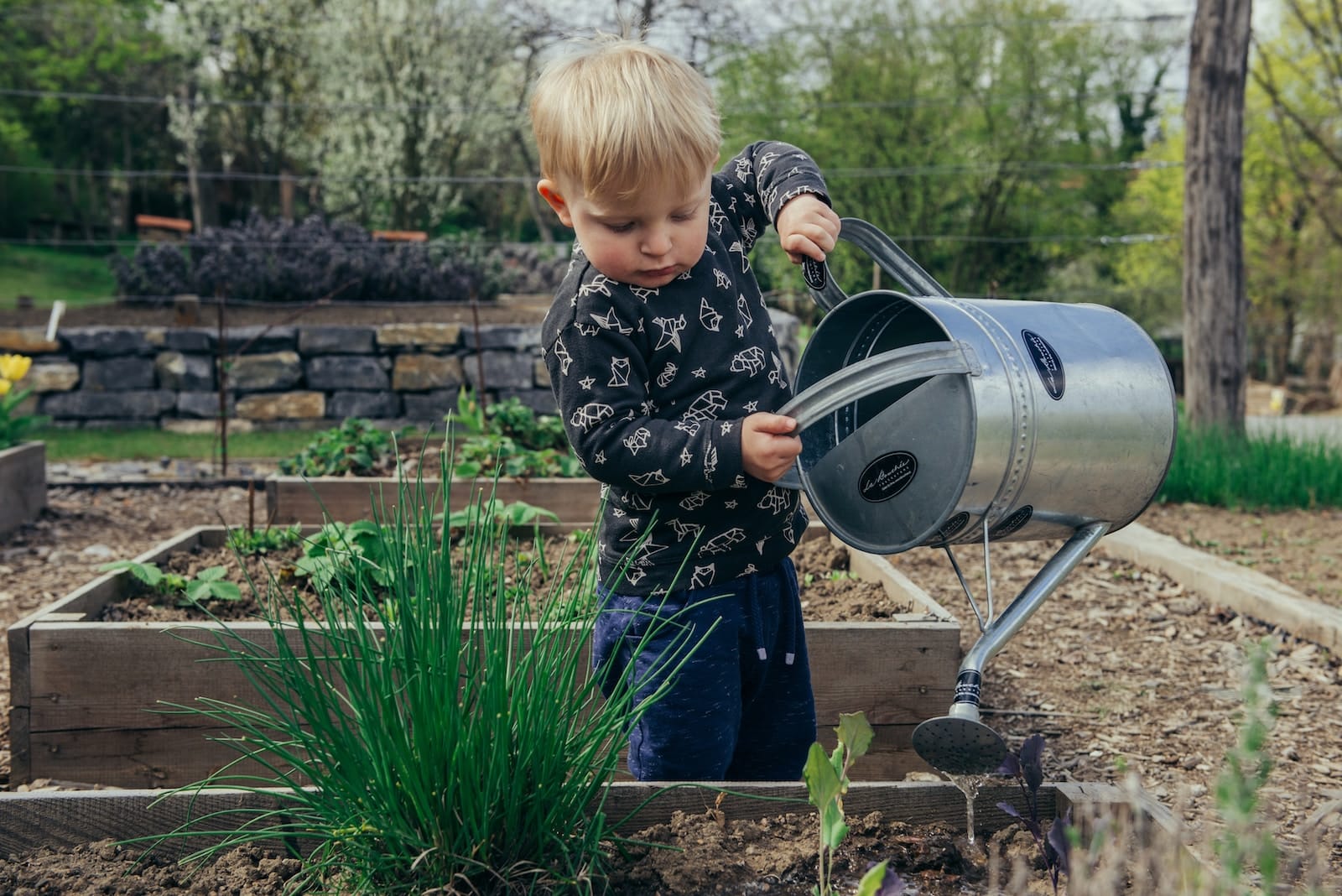 Photo by Filip Urban boy in black and white long sleeve shirt standing beside gray metal watering can during daytime